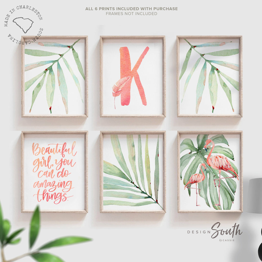 Girls nursery decor, tropical leaf flamingo decor, girls nursery tropical theme, girls bedroom theme, pink tropics nursery flamingo baby art