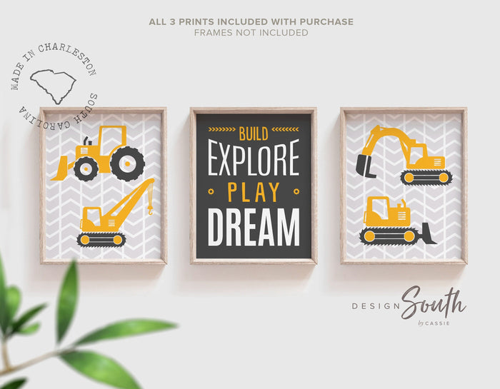 Build explore play dream, big boy bedroom construction, digger prints, digger wall art, boys construction theme bedroom, boys bedroom decor