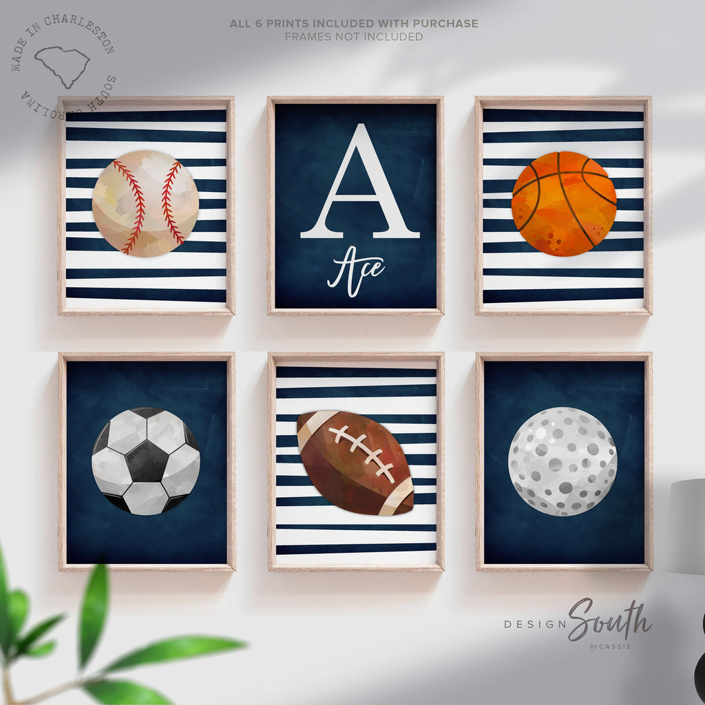 Sports collection print set boys name, sports theme wall pictures, sports art personalized gift, baseball football kids wall art boy nursery
