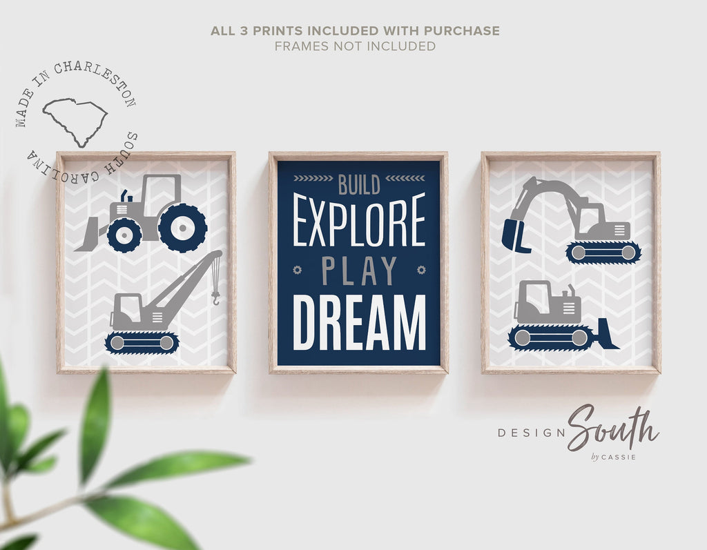 Boys room construction navy blue and gray, build explore play dream, construction equipment vehicles, boys bedroom decor, wall art for boys