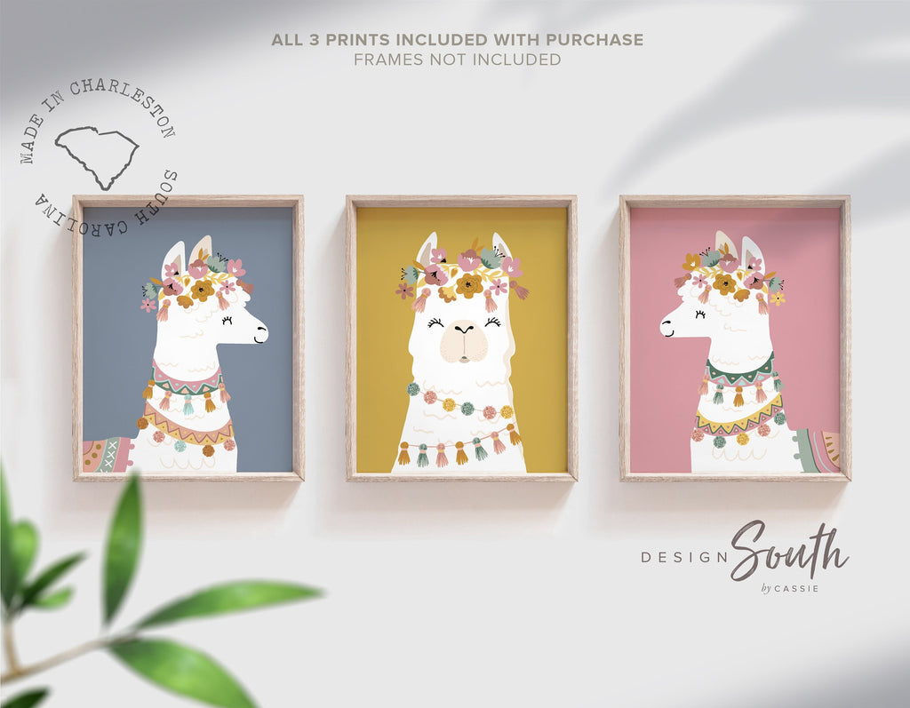 Boho baby room decor, llama alpaca themed nursery wall art, elegant neutral little girl bedroom wall art, earthy tones nursery, modern baby