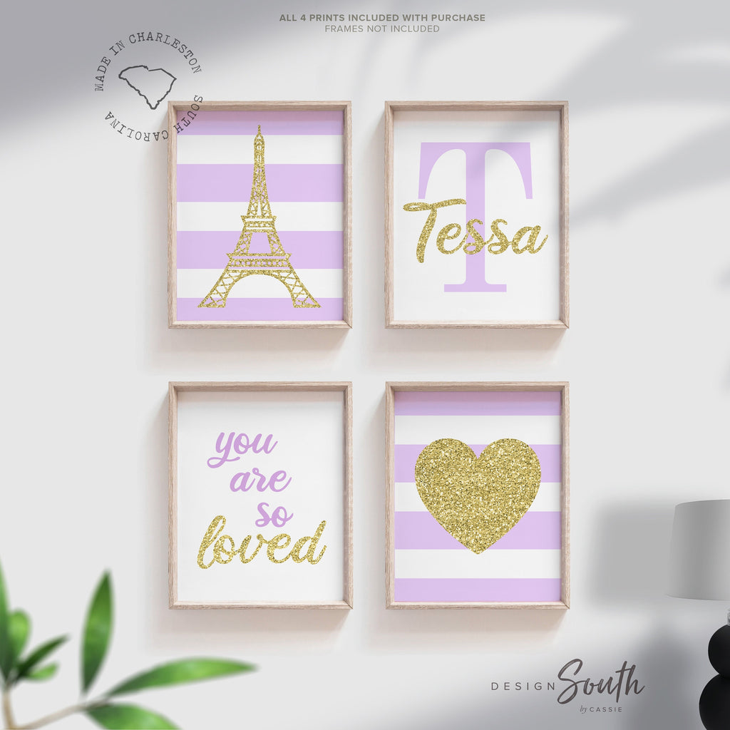 Purple paris girl prints, lilac and gold paris room art, purple gold eiffel tower, girls personalized name sparkly paris themed, art print set paris