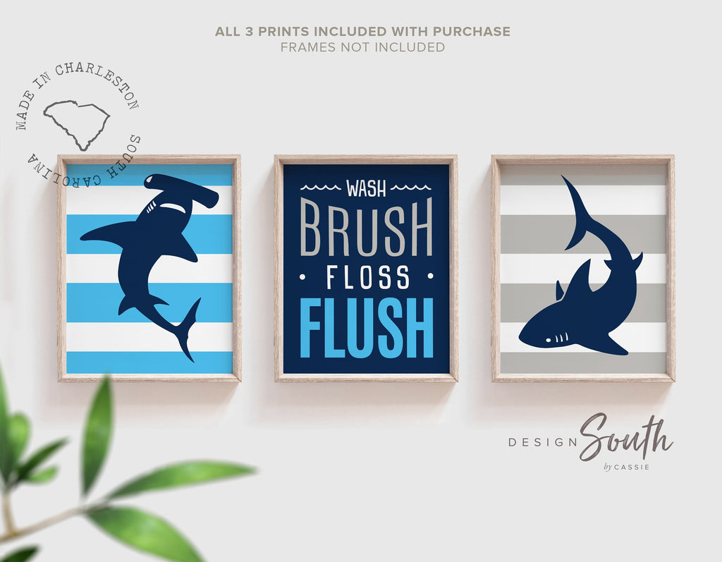 Shark theme bathroom, big boy bathroom art, blue sharks, gift for boy shark, kids bathroom navy blue, shark bite wash brush floss flush sign
