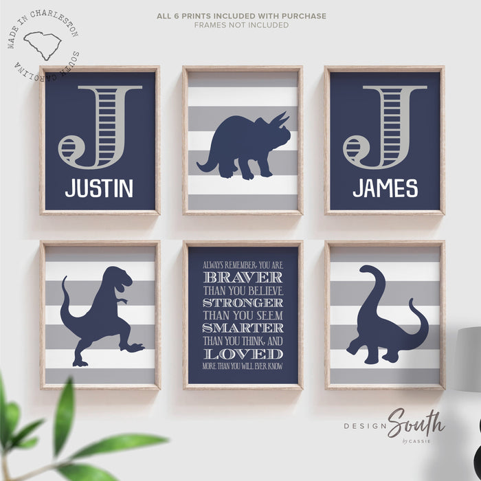 Navy blue gray dinosaur brother decor, dinosaur wall print set for boys, dinosaur playroom wall art two boys, personalized names brothers