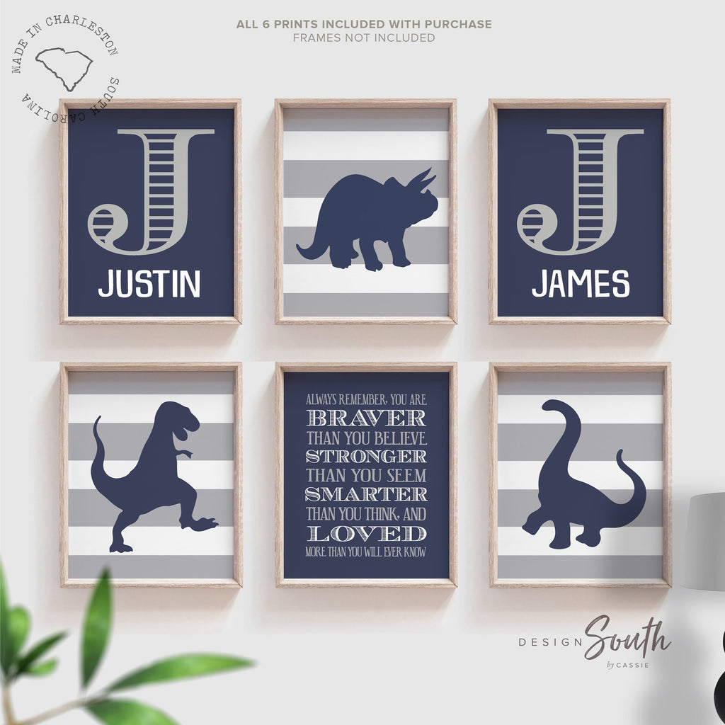 Navy blue gray dinosaur brother decor, dinosaur wall print set for boys, dinosaur playroom wall art two boys, personalized names brothers