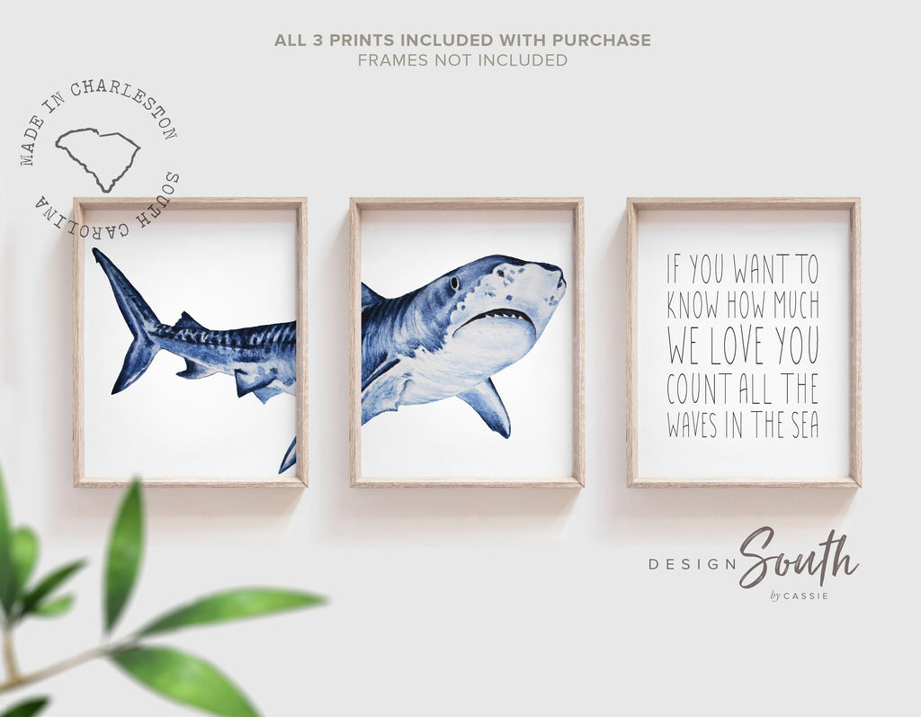 Set of shark-themed nursery wall art prints featuring the quote “To go to sleep I count sharks not sheep.” Perfect for a baby boy’s room or ocean-themed nursery, this playful and modern artwork adds a fun touch to boys&#39; bedrooms or toddler spaces. Includes watercolor-style shark illustrations and bold text, ideal for a shark lover’s room or under-the-sea decor. A great gift for baby showers, birthdays, or parents creating a shark or marine life theme for their little one.