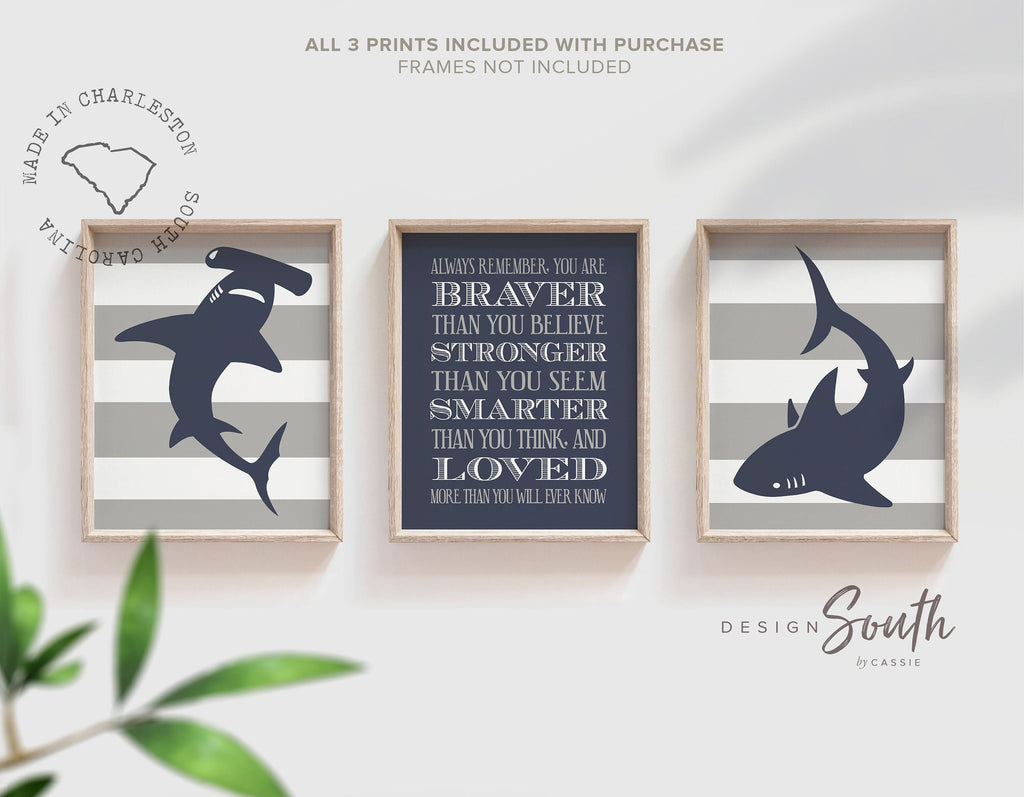 Navy blue and gray shark-themed wall art perfect for boys&#39; bedrooms, toddler rooms, or shark nurseries. This boys room decor features fun shark illustrations and a bold quote, adding a playful and modern touch to any big boy bedroom or ocean-themed space. Ideal for kids who love sharks, this artwork set makes a great gift for birthdays, baby showers, or nursery makeovers. Designed to complement shark decor, it adds personality and charm to any boys wall art collection.