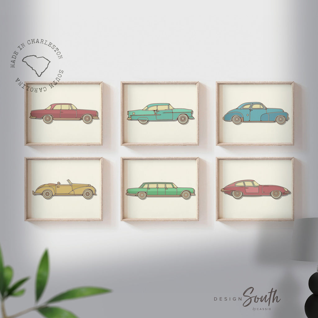 Classic sports car collection kids art, antique classic car art, retro car nursery, antique car art, playroom car decor, bedroom kid car art