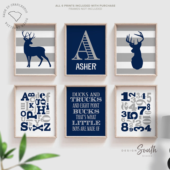 Deer Hunting Boys' Room Decor — Navy & Gray Buck Prints, Set of 6