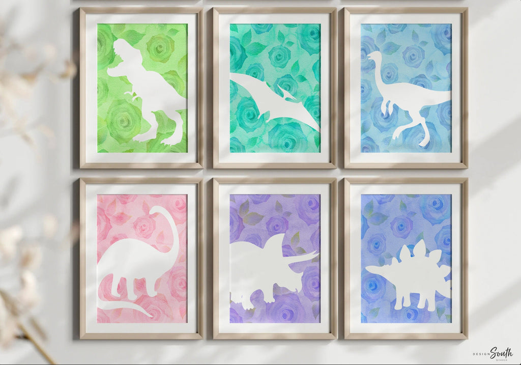 Girl dinosaurs, girls dinosaur nursery, girl dinosaur bedroom wall art, pink purple teal dinosaurs, 6 wall girly dinosaur prints little girl