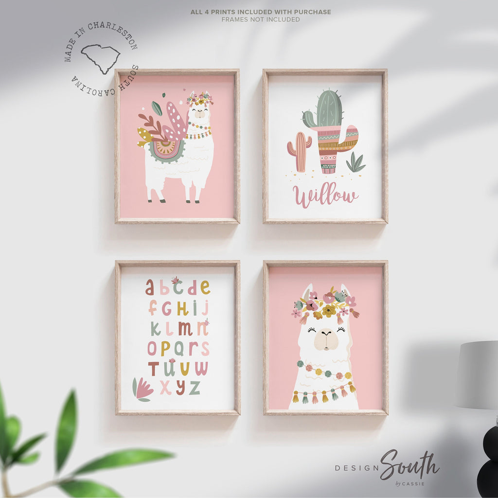 Mauve pink llamas, little girl bedroom art llama themed, baby girl llama art flower crowns, girl boho llamas, boho baby room mauve colors