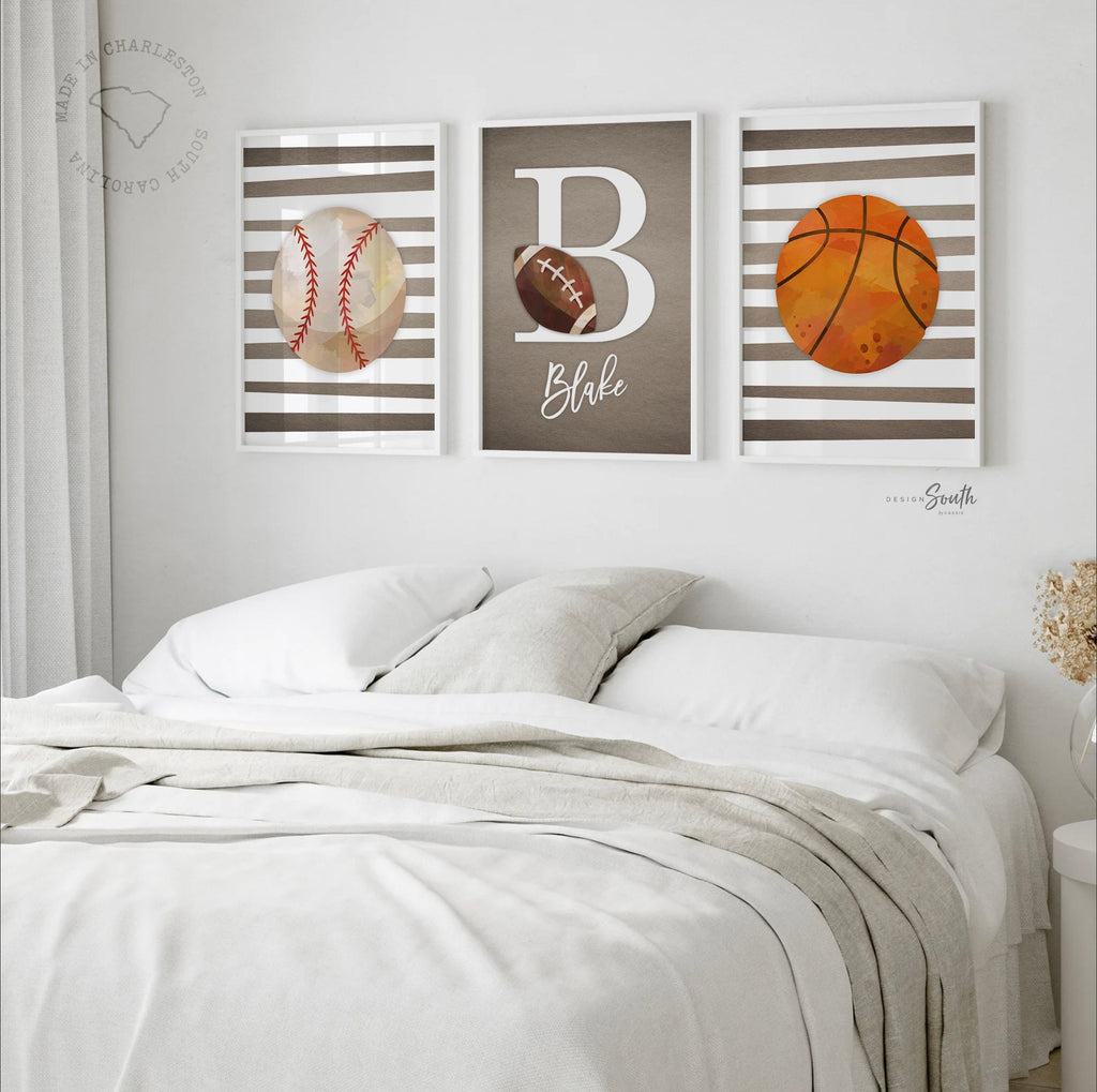 Nursery wall decor for boys sports theme, boys bedroom prints sports, football baseball basketball print set for boy, personalized boy print