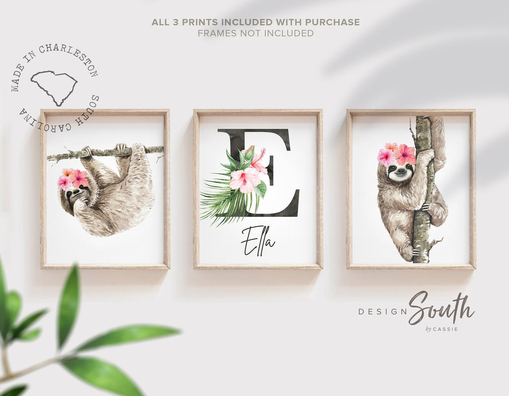 Sloth decor for nursery or bedroom, sloth themed baby shower gift girl, little girl bedroom wall ideas, sloth wall art print set, sloth pink
