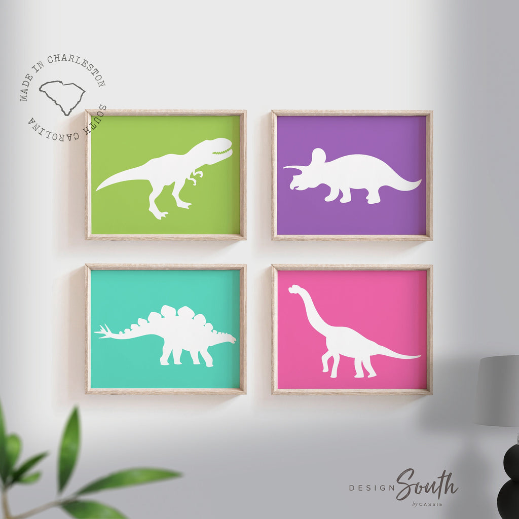 Pink purple teal turquoise lime green dinosaur collection, art prints for girls bright colorful dinosaurs, girly modern bright dinosaur art