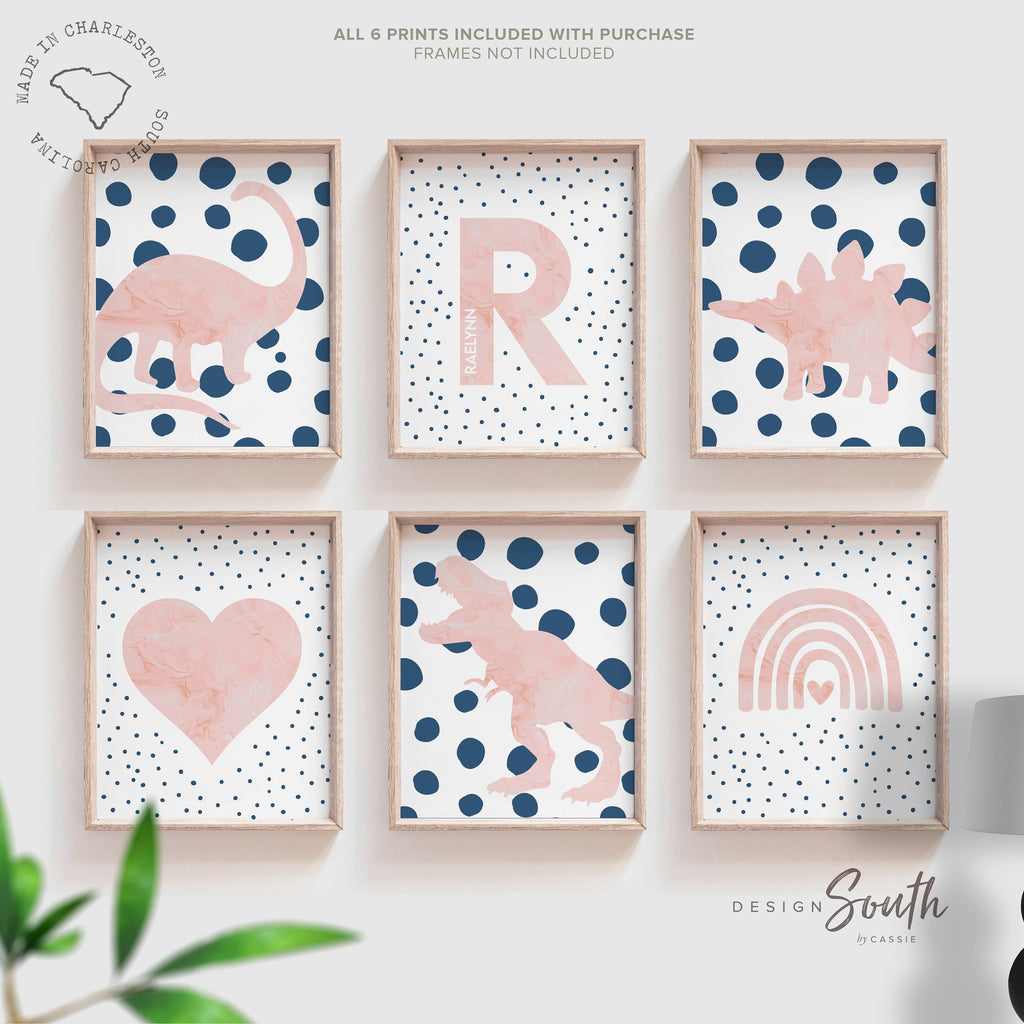 Pink dinosaur polka dots, pink and navy blue toddler girl room collection dinosaur themed, dinosaurs with hearts rainbows speckles modern