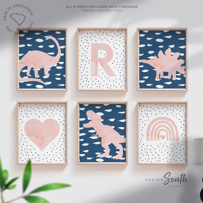 Little girl room pink & navy blue, dinosaur lover girl signs with name, rainbows hearts dots dinosaurs print set, dinosaur girl gallery wall