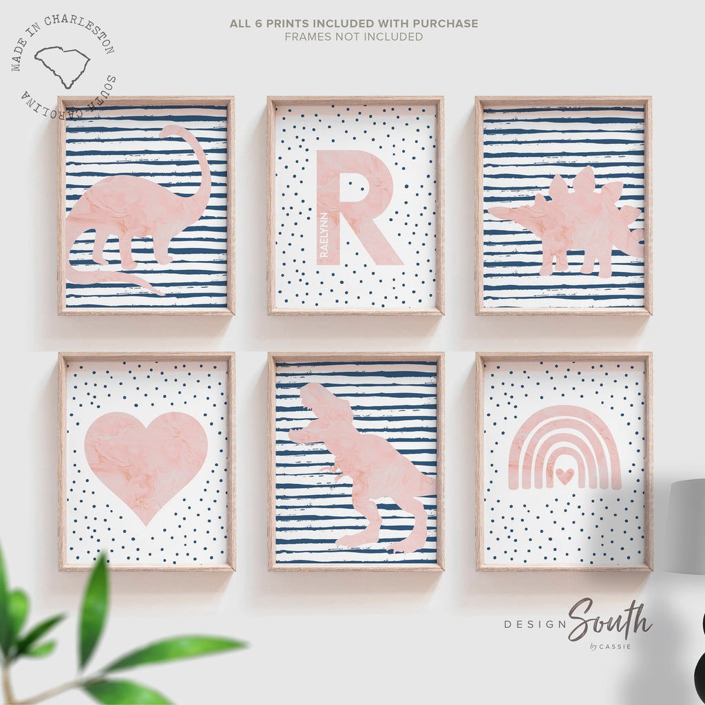Little girl room pink & navy blue, dinosaur lover girl signs with name, rainbows hearts dots dinosaurs print set, dinosaur girl gallery wall