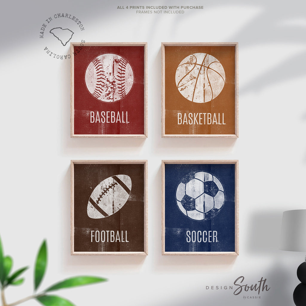 Distressed sports art prints posters set of 4, sports kids prints, red orange blue brown sports themed room wall art, toddler little boy art