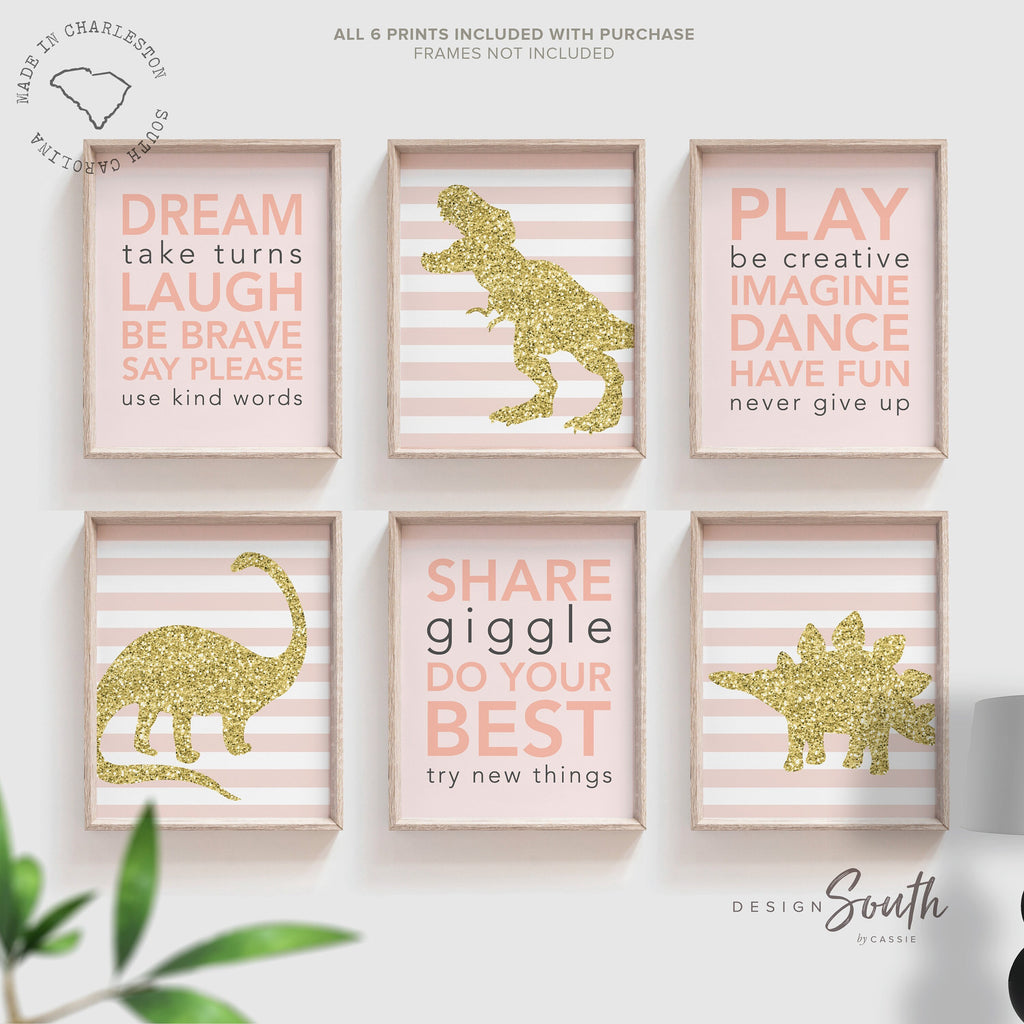 Pink gold dinosaur, pink playroom girl decor, toddler girl dinosaur wall art bedroom, gold glitter sparkles little girl art, gold dinosaurs