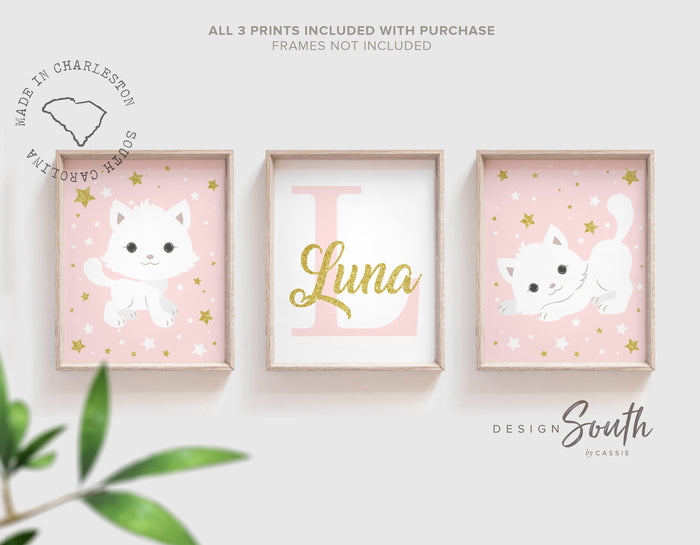 Nursery cat wall art, baby girl room animal, kitten nursery, cat lover room pink, kitten cute cat nursery wall, cat themed, custom baby name