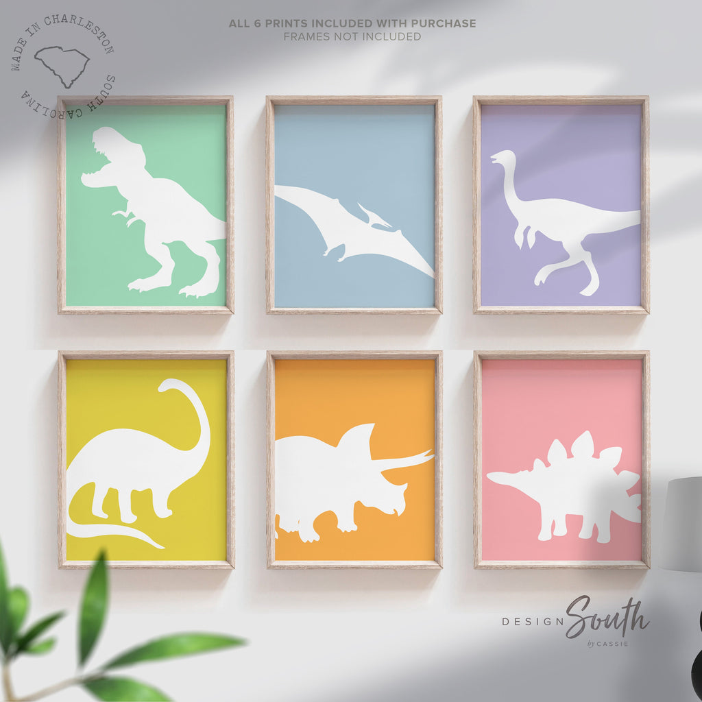 Kids pastel dinosaur print set, play room art, pastel dinosaur decor, playroom dinosaur design, colorful dinosaur, gallery wall dinosaurs in pastel color scheme lilac lavender purple yellow orange coral blush pink green light blue, abstract dinosaurs