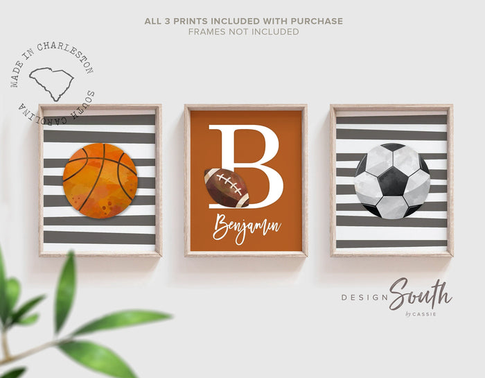 Boys room burnt orange and gray, baby boy nursery sports theme, birthday sports party gift for boy personalized, sports set boy shower gift
