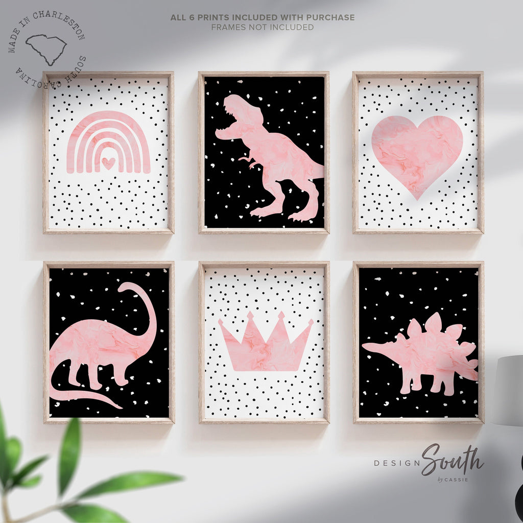 Black and pink dinosaur posters, art print for kids room, girl dinosaur nursery decor, dino nursery print set, dinosaur theme bedroom art