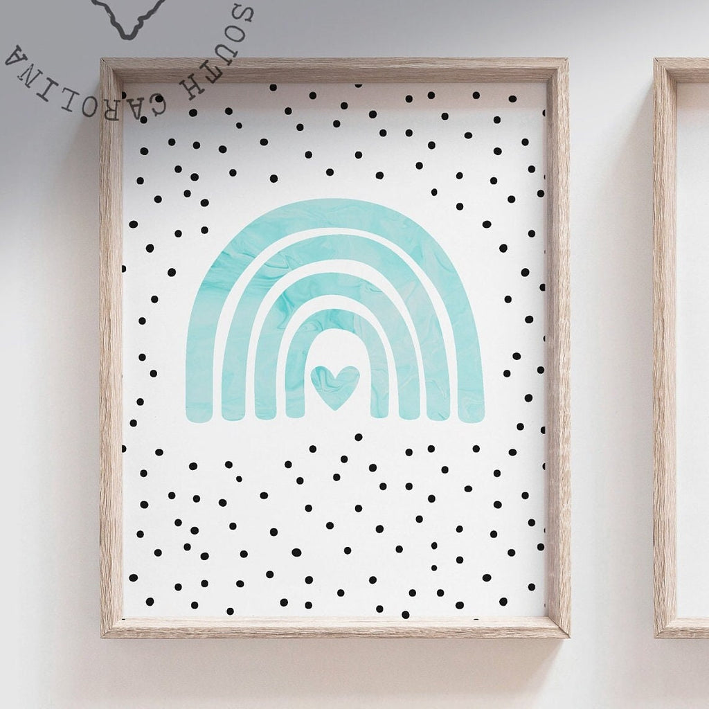 Girl dinosaurs hearts rainbows, child aqua blue dinosaur themed nursery, dinosaur bedroom wall art, aqua dinosaurs, 6 kid dinosaur prints