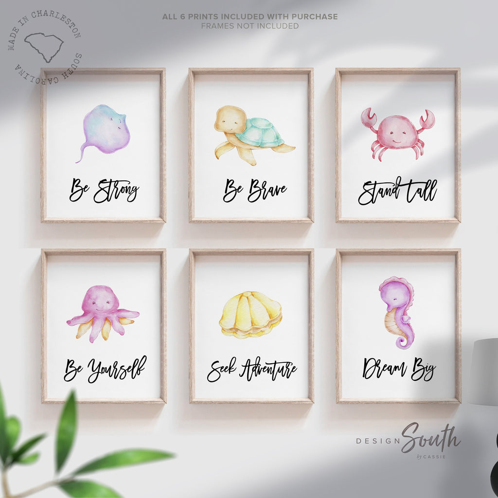 Cute sea animals collection, ocean themed kids room art, nautical themed kids room decor, crab seahorse sea turtle stingray seashell octopus