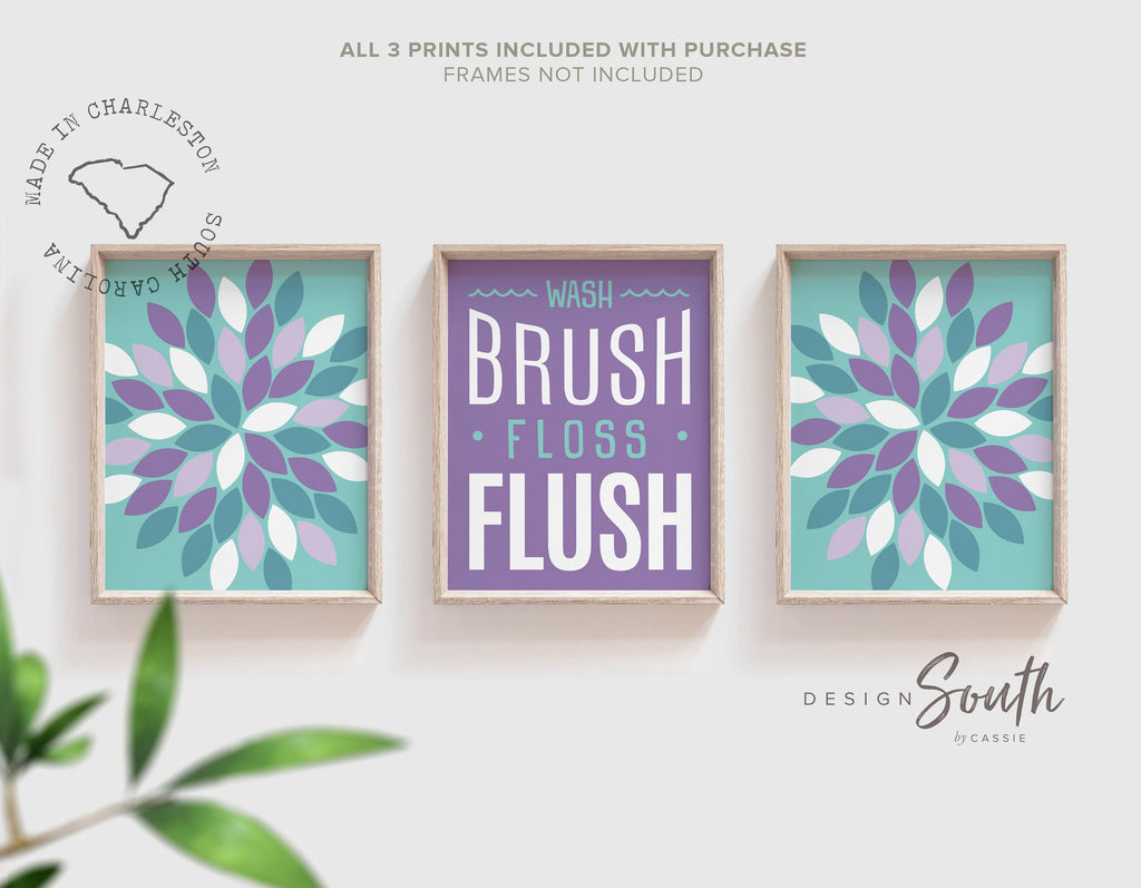 Bathroom wall decor, wash, brush, floss, flush, girls bathroom decor, purple and teal bathroom prints, dahlia bathroom, flower bathroom art