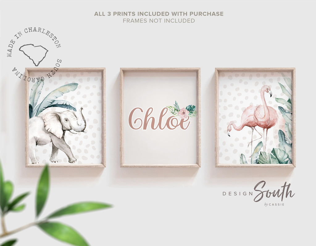 Girls name gifts, tropical girls name for room art, flamingo and elephant art print set, baby girl nursery neutral modern, tropical baby