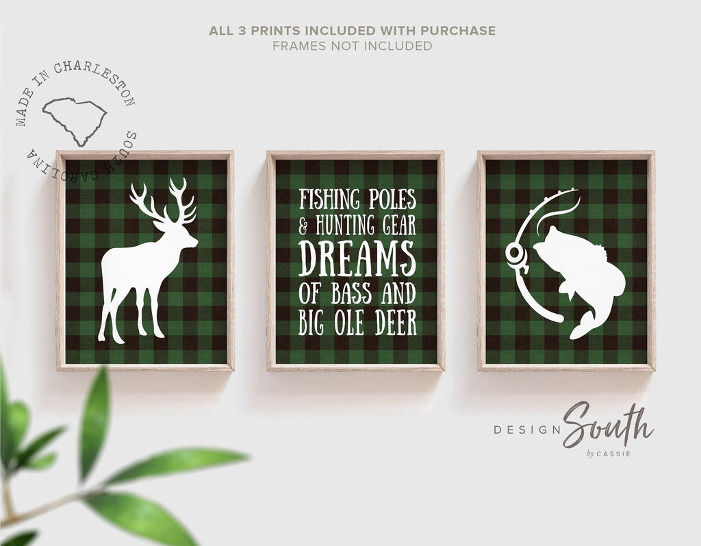 Forest green buffalo plaid buck deer bass fishing nursery decor, boy fishing hunting nursery, hunting theme nursery, green bass fish deer