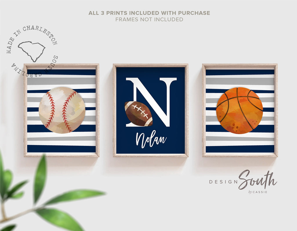 Sports room art, sports wall prints customized kids name, nursery decor sports theme, set of three above crib sports, boy bedroom sports art
