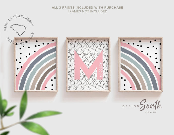 Mauve girl nursery art, girls initial name mauve pink, trendy polka dot nursery decor, wall art for girls room personalized, modern nursery