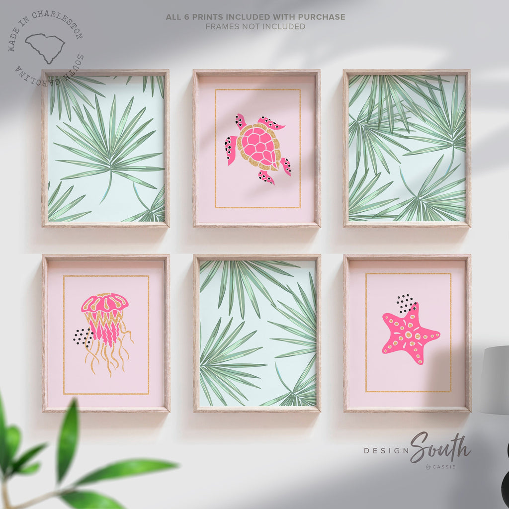 Sea animal collection, art print set six 6 beach themed nursery, starfish sea turtle pink gold, ocean bedroom wall art, pink and gold beach