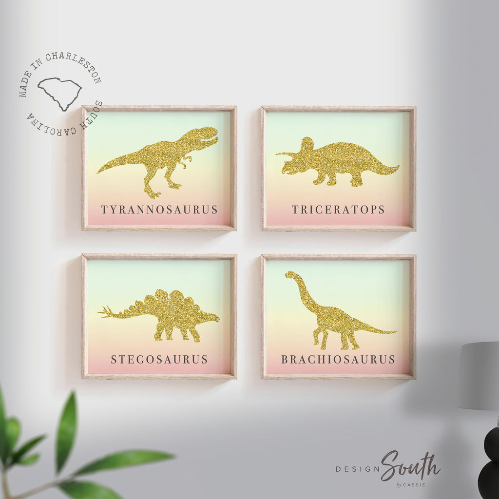 Girls nursery or bedroom decor dinosaur themed art, prints for girls bedroom pink mint gold dinosaur, girls baby dinosaur wall art print set