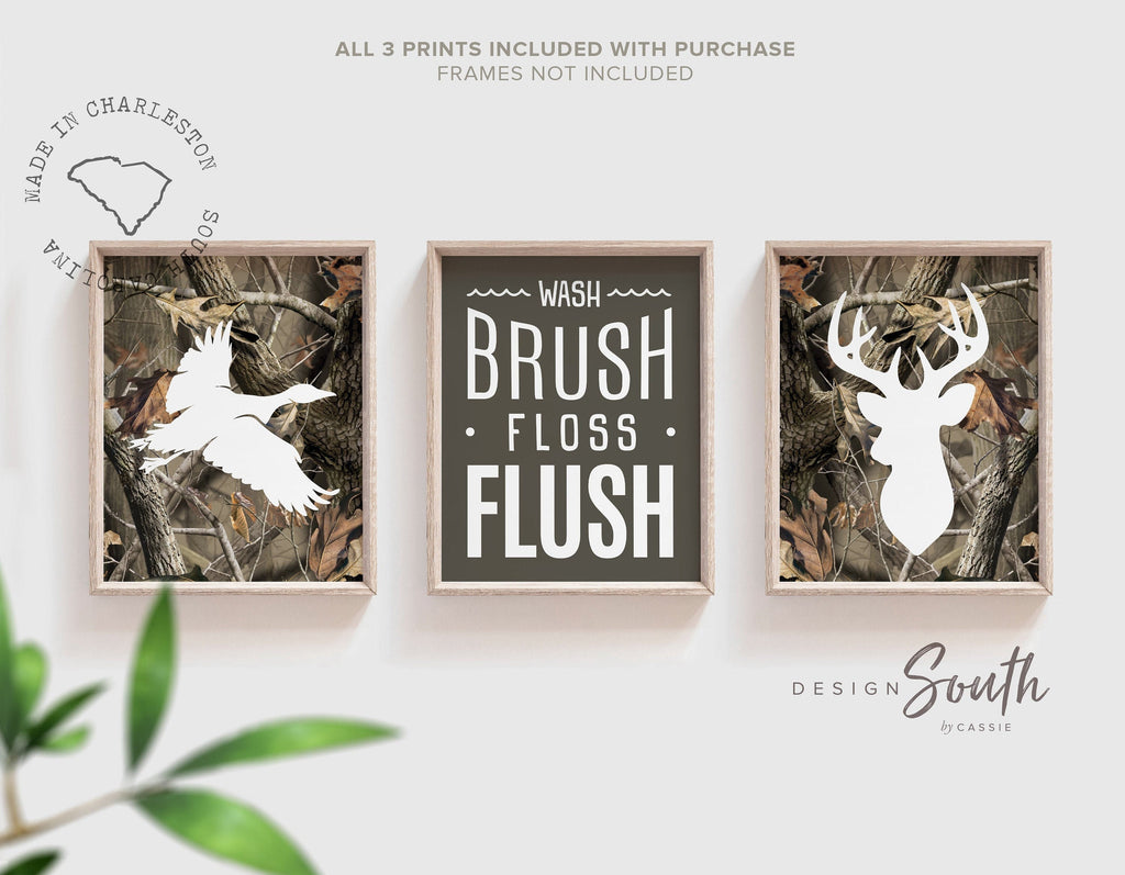 Camo bathroom decor, boys duck and deer, deer bathroom decor, wash, brush, floss, flush, camouflage, deer bathroom theme, hunting bathroom