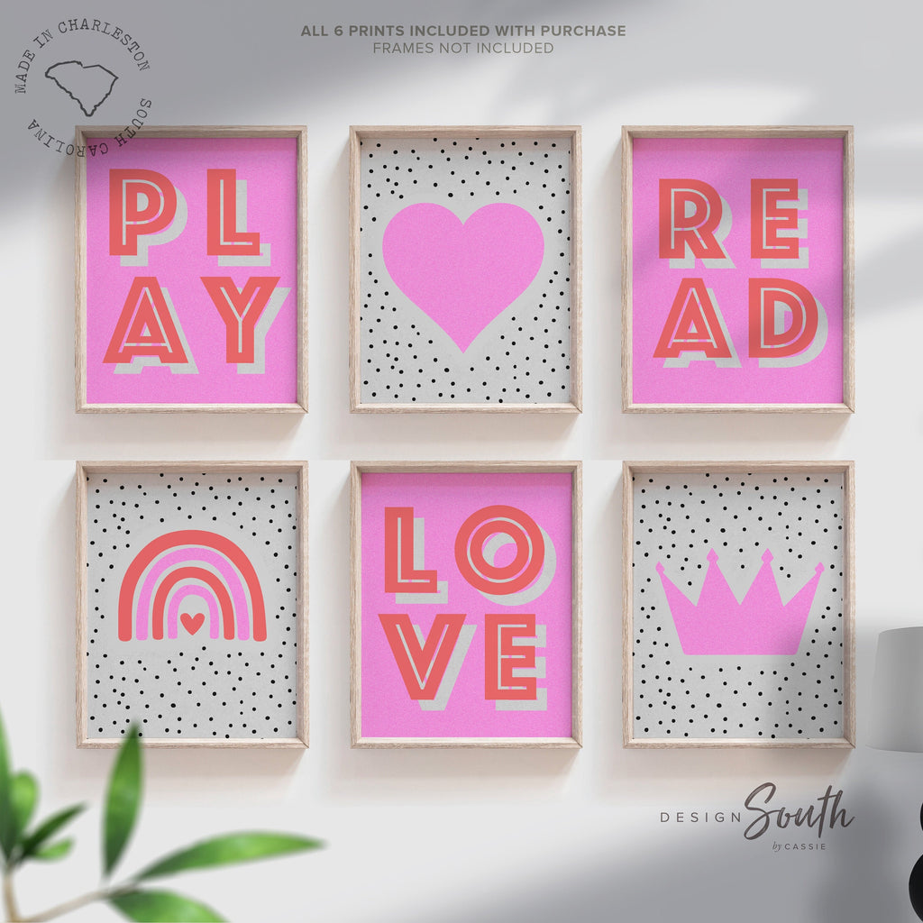 Girls pink retro bedroom playroom or nursery art, rainbow heart crown love play read decor, decor for girls room, neon pink wall decor girls