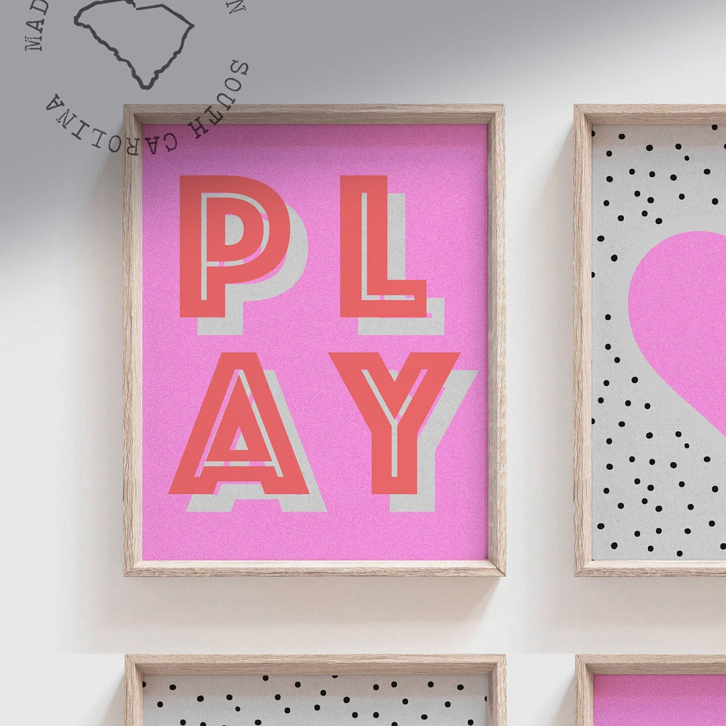 Girls pink retro bedroom playroom or nursery art, rainbow heart crown love play read decor, decor for girls room, neon pink wall decor girls