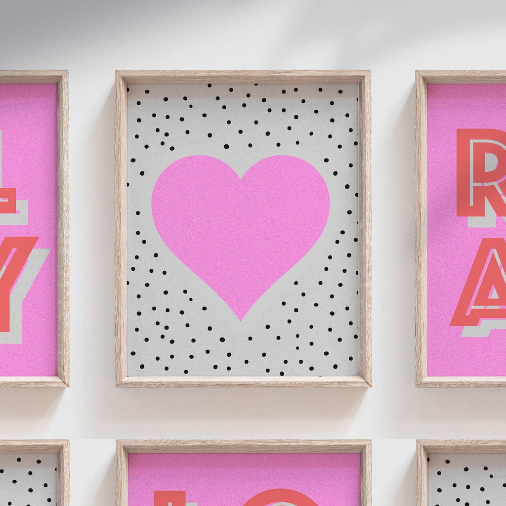 Girls pink retro bedroom playroom or nursery art, rainbow heart crown love play read decor, decor for girls room, neon pink wall decor girls