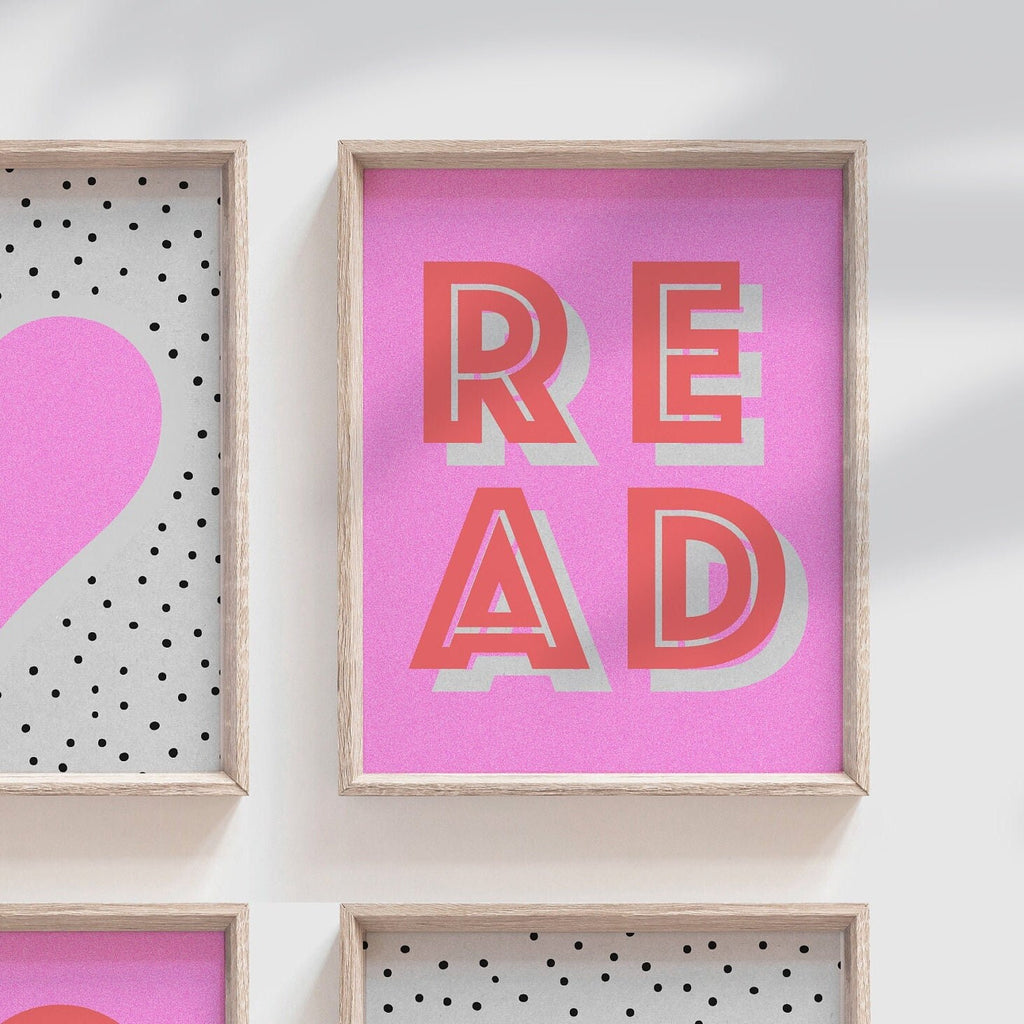 Girls pink retro bedroom playroom or nursery art, rainbow heart crown love play read decor, decor for girls room, neon pink wall decor girls