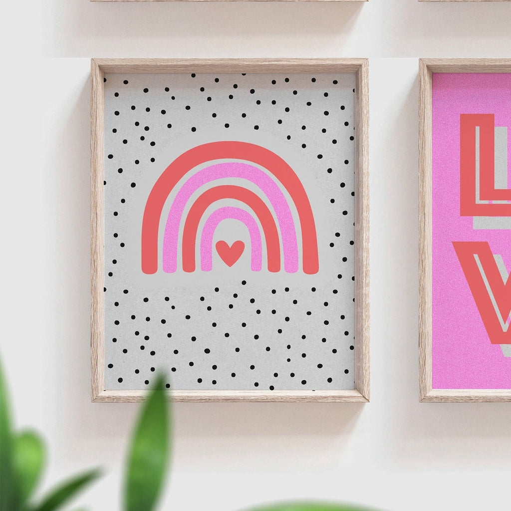 Girls pink retro bedroom playroom or nursery art, rainbow heart crown love play read decor, decor for girls room, neon pink wall decor girls