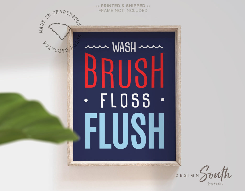 Bathroom wall decor for children, navy blue bathroom print children art, blue red navy bathroom decor, wash brush floss flush print wall art
