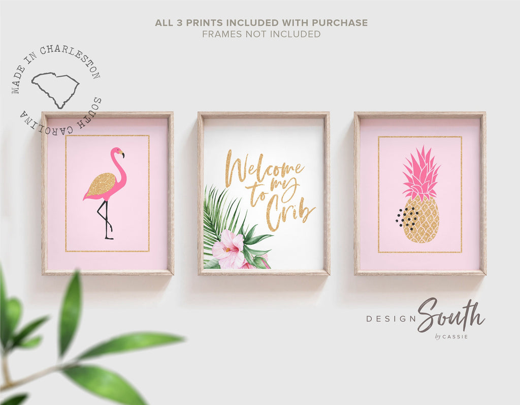 Pink gold flower sparkle baby room above crib art, welcome to my crib flamingo, tropical baby shower gift for girl, pink gold nursery art