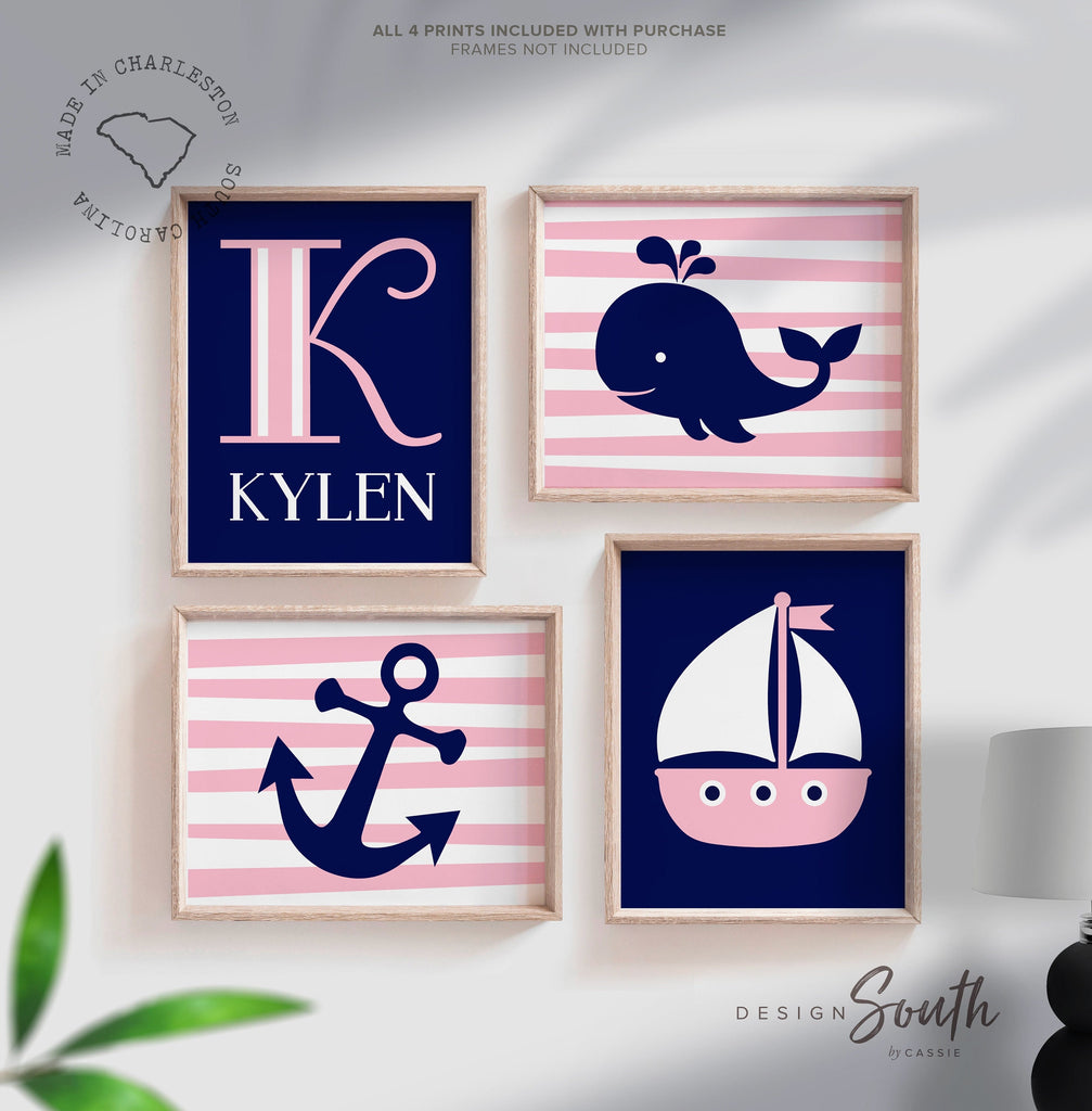 Nautical nursery decor, girls whale nursery, girls nautical bedroom art, nautical nursery art, baby girl nautical nursery art, nautical girl