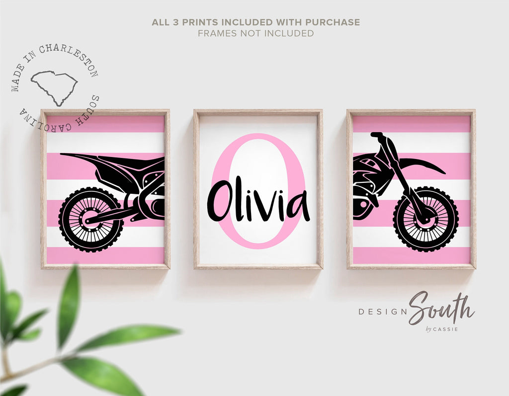 Pink dirt bike room decorating ideas, customized name motocross dirt bike wall art girls room, pink dirt bike theme, bedroom girl playroom