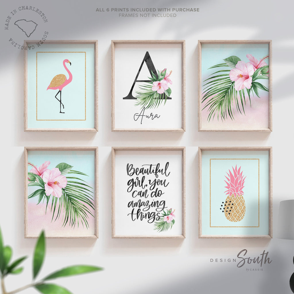 Palm tropical vibrant prints, bright floral tropical nursery decor, tropical beach baby room, pink aqua gold tropical girl nursery bedroom