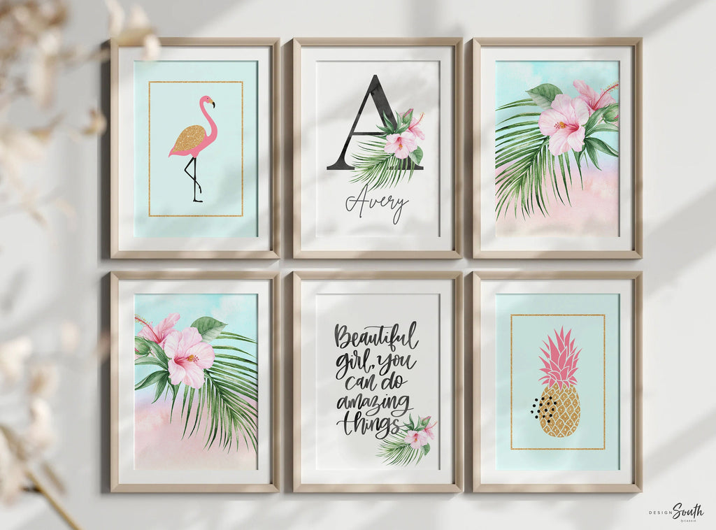 Palm tropical vibrant prints, bright floral tropical nursery decor, tropical beach baby room, pink aqua gold tropical girl nursery bedroom