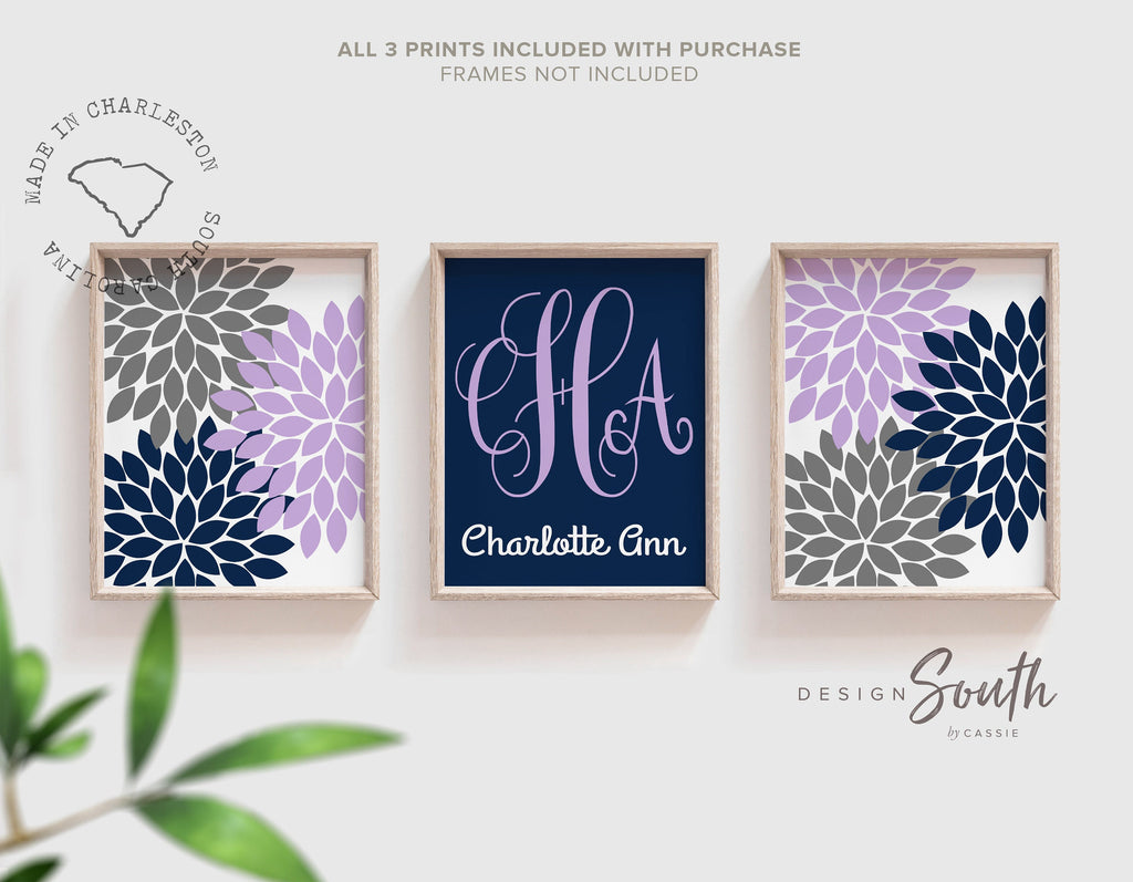 Purple navy and gray nursery wall art, personalized baby girl gift, flower nursery decor, girl monogram decor, purple bedroom, girls bedroom
