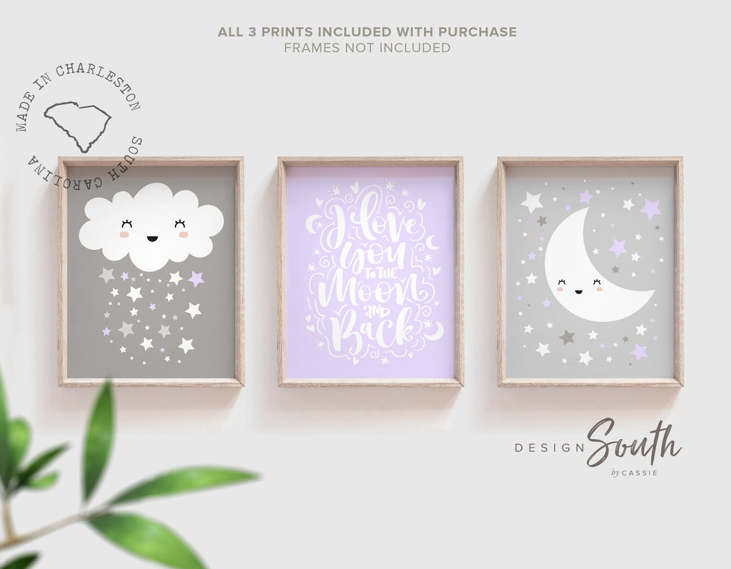 Baby girl nursery lilac and gray, moon and stars nursery decor, i love you to the moon, cloud nursery girl, cloud wall art, moon star cloud